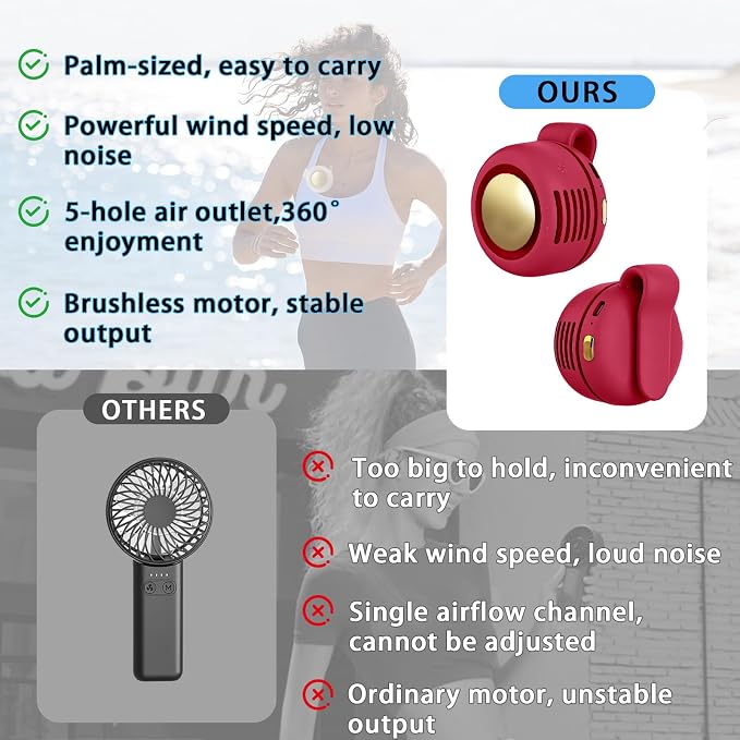 Portable Clip-On Fan, Mini USB Rechargeable 360° Rotatable Fan, Personal Fan 3-Speed Silent Mini Bladeless Fans (1 pack（Red）) - Image 5