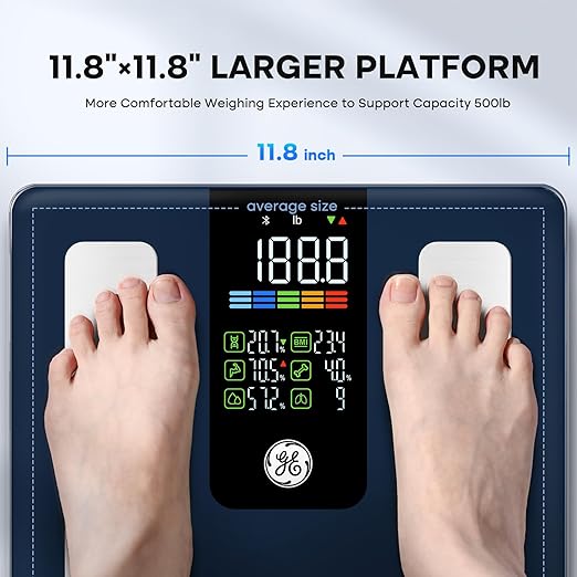 GE Smart Scale for Body Composition, Weight, BMI, 500lb, Large 11.8-Inch | Body Fat Scale with Muscle Mass, Digital Bathroom Weighing Health Monitor, FSA Eligible HSA, Bluetooth App Sync, Dark Blue - Image 3