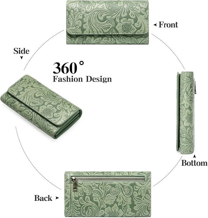 GOIACII Leather Wallets for Women RFID Blocking Western Clutch Green | Embossed Design, Trifold, Large Billfolds, Vintage Flower, Ladies Purses with Zipper Coin Pocket - Image 7
