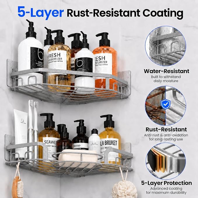 Corner Shower Caddy, Rustproof Shower Organizer with Soap Holder and 8 Hooks, No Drilling Adhesive Shower Shelves for Inside Shower, Large Capacity Shower Rack for Bathroom Shower Storage, Sliver - Image 6