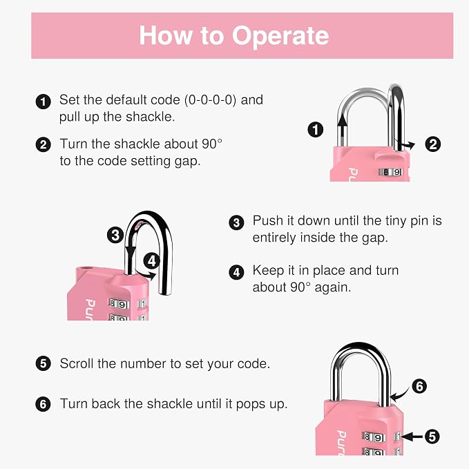 Puroma 2 Pack Combination Lock Locker 4 Digits Combo Padlock Gym Rose Pink | For School Gate Fence Toolbox Hasp Storage, Outdoor, Resettable, Weatherproof, Side Window, Crack Cut Resist, Hardened Steel - Image 6