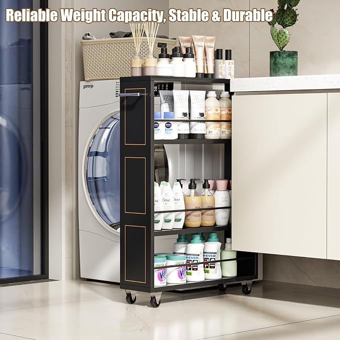KLM 4 Tier Black Slim Storage Cart with Handle, Slide Out Storage Rolling Utility Cart for Kitchen, Laundry, Narrow Places-6.7" W - Image 3