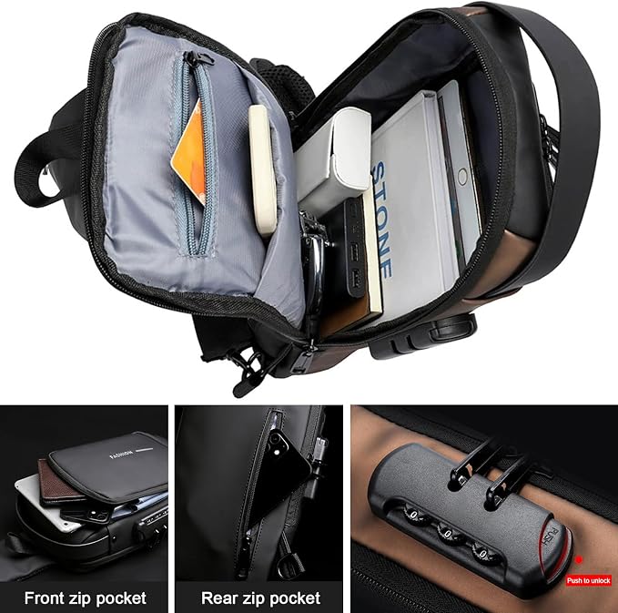 Anti-Theft Sling Bag for Men Waterproof Crossbody Bag with Combination Lock & USB Charging Port Lightweight Chest Backpack for Travel Hiking (All Black) - Image 4