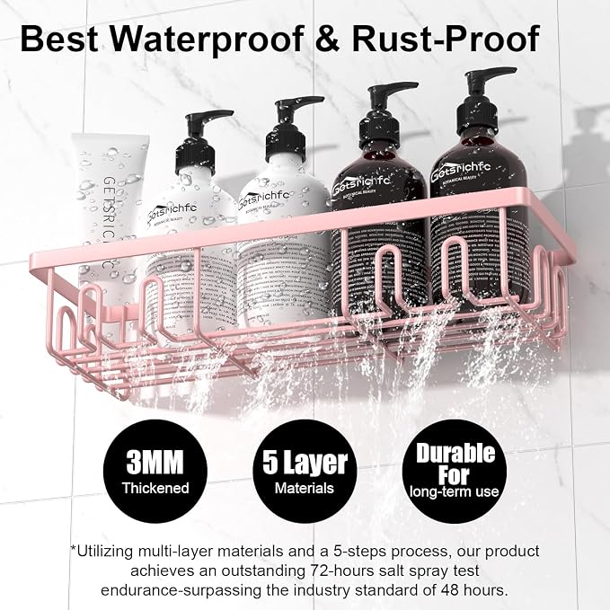 Getsrichfc Shower Caddy Adhesive, Rustproof Shower Shelves for Inside Shower, Large Capacity Bathroom Organizers and Storage, Shower Storage with Removable Hooks, No Drill Bathroom Accessories Pink - Image 4