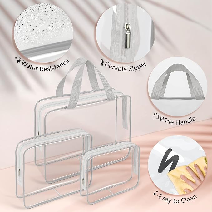 TISRATOK 10 PCS Clear Travel Bags for Toiletries, Clear Makeup Bags（Grey） | 3 Size plastic clear bags with zipper handbag, TSA approved cosmetic pouch for travel, swimsuit,toy storage bags - Image 6