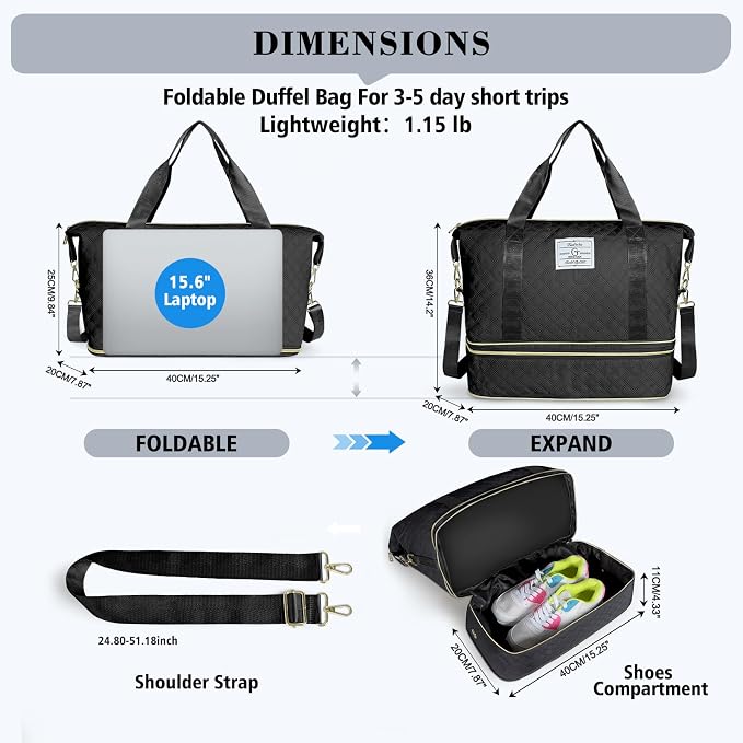 Geestock Travel Duffle Bag - Weekender Overnight Bags for Women, Black | Travel Bag with Expandable Shoe Compartment & Trolley Sleeve, Lightweight Carry On Bag with Drawstring Storage Pouch for Trip - Image 2