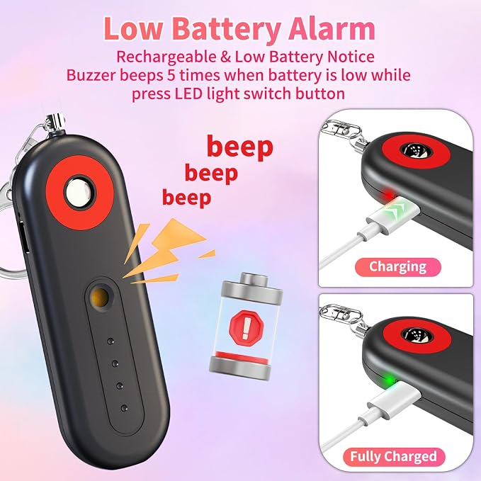 Rechargeable Personal Safety Alarm for Women - 130dB Self Defense Keychain Siren Whistle with SOS Strobe Light, Low Battery Notice - Emergency Security Safe Protection Devices, College Essentials - Image 5