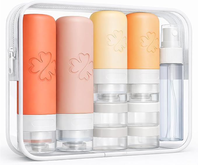 26-Piece TSA Approved Travel Toiletry Kit, Leak-Proof Silicone Refillable Bottles for Shampoo, Conditioner & Lotion, Travel Size Containers with Pill Organizer, Spray Bottle & Sewing Kit by GILuxe