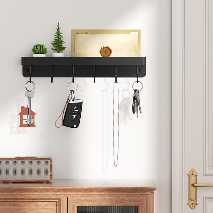 niffgaff Black Key Holder Wall Mount, Stainless Steel Self Adhesive Hooks Rack with Shelf, No Drill Key Hanger for Door and Wall - Image 2