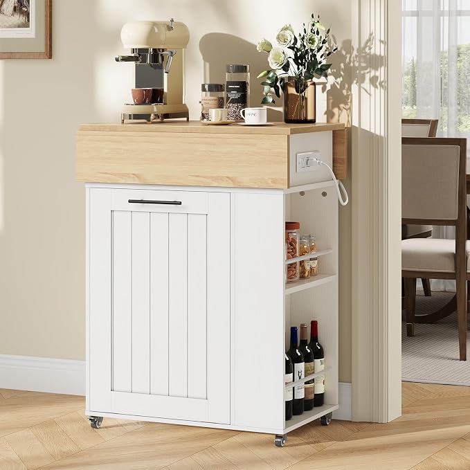 HOOBRO Kitchen Island with Trash Can Storage, Rolling Kitchen Island with Drop Leaf Countertop, Island Table with Power Outlet & Spice Rack, for 10 Gallon Garbage Bin, White and Natural WN33UZD01 - Image 3