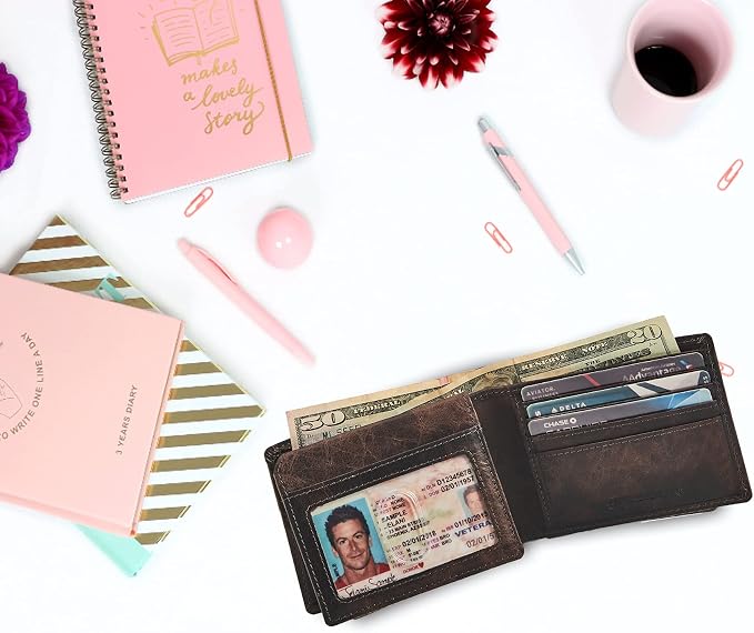 Wallet for Men Slim RFID Blocking Leather Bifold Minimalist 2 ID Windows Gift Box Carteras Para Hombres (DISTRESSED, ESPRESSO) - Image 4