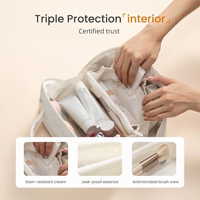 LOVEVOOK Travel Makeup Bag for Women, 2Pcs Puffer Waterproof Cosmetic Organizer, Large Capacity Pouch Open Flat Small Toiletry Bag with Brush Compartment & Handle (Off-white, Medium) - Image 3