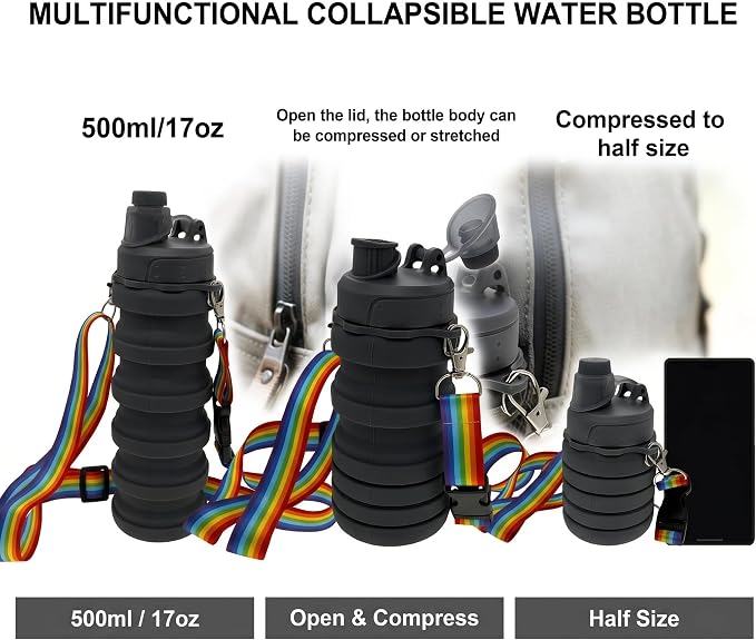 Silicone Collapsible Travel Water Bottles 17.6oz Dark Gray And Dark Blue | Foldable Reusable Leakproof,With Mountaineering Buckle And Adjusting Rope For Sports Camping Hiking Cycling Yoga - Image 2