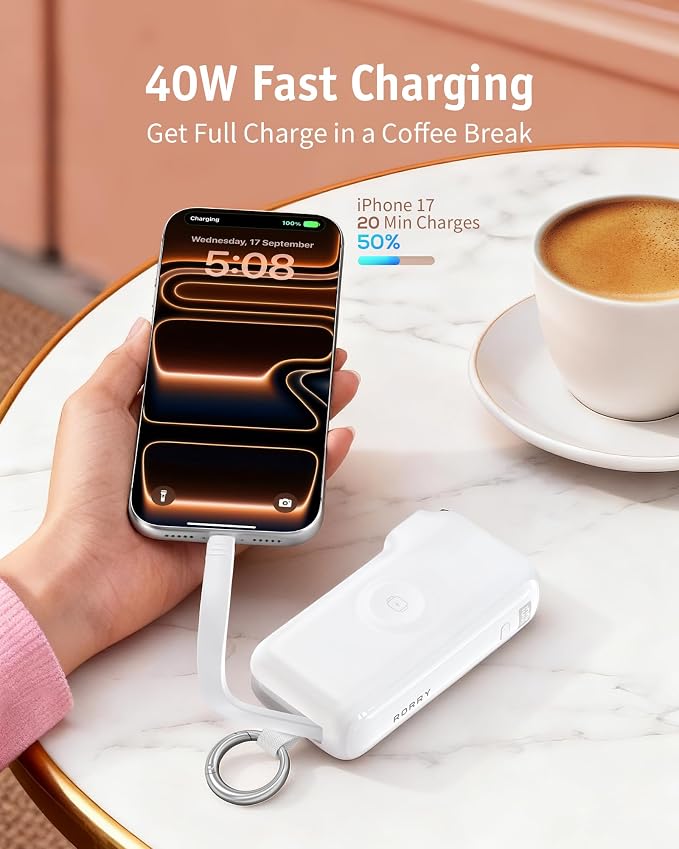 RORRY Flow Portable Charger 10000mAh 40W Wall Plug Power Bank Battery Pack | Built-in USB-C Cable, Keychain Design, Fast Charging, for iPhone 17/16/15, Apple Watch, iPad, 3-in-1, Travel Essential - Image 4