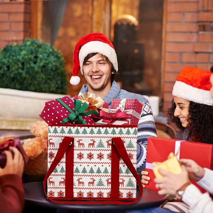 Reusable Grocery Bags 3 Pack - Heavy Duty Reusable Shopping Bags with Hard Bottom & Long Handles, Stand Up Grocery Boxes Reusable Foldable, 13x10.23x11in, Reindeers - Image 3