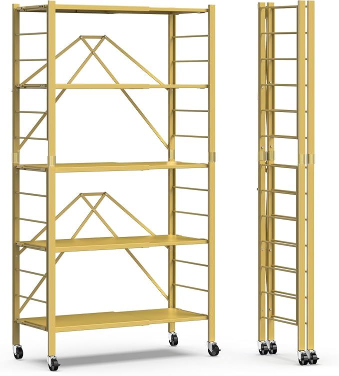 Himix 5-Tier Storage Shelf with Wheels Foldable Expandable Adjustable Gold | Folding shelving units, Metal collapsible organization, Changeable into 2 shelf units, Basement, Kitchen, Holds 2400 Ibs by Himix
