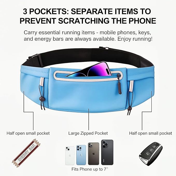 Running Belt Fanny Pack:3 Pocket Waist Bag for Men Women Workout Exercise Fitness Phone Holder Fits All Phones - Runner Marathon Jogging Race Belt with Bib Clip (Blue) - Image 2