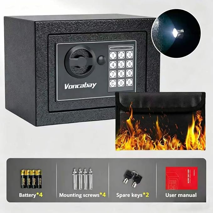 Voncabay Money Safe Box for Home with Digital Keypad, 0.23 Cu. Ft., Black | Alloy Steel, Sensor Light, Fireproof Bag Included, 2 Override Keys, 4 Mounting Screws, Carpeted Mat, 9 x 6.6 x 6.5 In. - Image 6