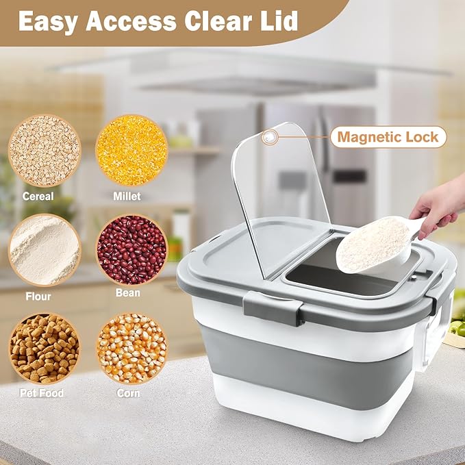 Rice Storage Container, Collapsible Airtight 10-40 Lb Rice Storage Container, 25lb Pet Dog Food Storage Container, Rice Dispenser Bin with Cup and Scoop for Flour Cereal Pasta Grain, Cat Bird - Image 5