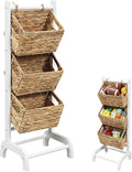 Wicker 3 Tier Foldable Storage Basket Floor Rack with Market Storage Basket Water Hyacinth Storage Rack Hand Woven Laundry Rack for Bathroom Kitchen Laundry Room Living Room Storage(White) by Menkxi