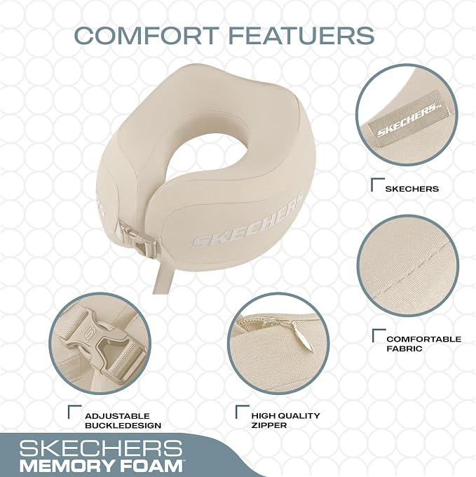 Skechers Neck Pillow for Traveling,Memory Foam Travel Neck Pillow for Airplane Travel Pillow for Flight Headrest Sleep, Portable Plane Accessories,Beige - Image 3