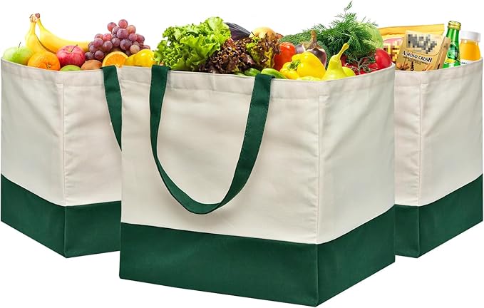 3 Pcs Reusable Grocery Bags - Heavy Duty Canvas Bag, 8.3 gal Foldable Large Canvas Tote Bag with Handles, Holds 60 lbs Tote Shopping Bags,100% Cotton（Retro Green） by CNaiyunpin
