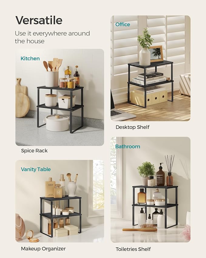 SONGMICS Cabinet Organizer Shelf, Set of 2 Kitchen Counter Shelves, Kitchen Storage, Spice Rack, Stackable, Expandable, Metal and Engineered Wood, Ink Black and Charcoal Black UKCS02B01 (Pack of 2) - Image 5