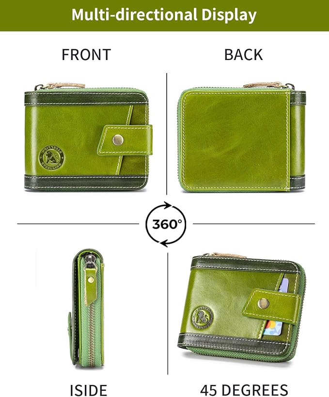 Men's Leather RFID Wallet with Zipper, 14 Card Slots, ID Window | Zippered coin pocket separates loose change; organized for commuting and everyday carry (Green) - Image 8