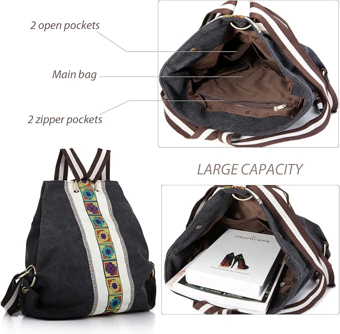 Goodhan Women Canvas Backpack Daypack Casual Shoulder Bag, Vintage Heavy-duty Anti-theft Travel Backpack Grey Black 2 - Image 5