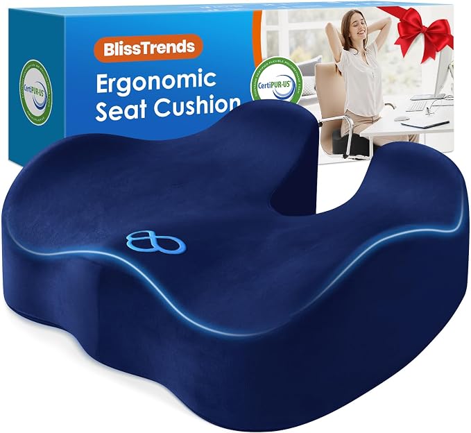 BlissTrends Memory Foam Seat Cushion for Office Chair & Car Seat, Blue | 4.7in Ergonomic Tailbone & Sciatica Support with Removable Velvet Cover for Pressure Relief and Long Sitting Comfort by BlissTrends