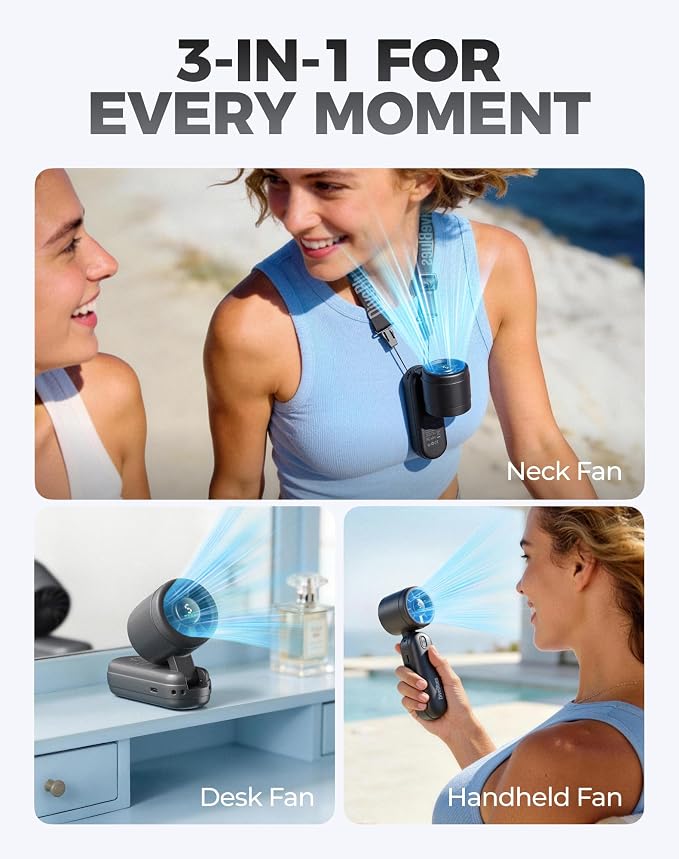 Diveblues Mini Portable Handheld Turbo Fan 27ft/s, 4000mAh Battery | Quiet Motor, 12H Max Cooling, 5 Speeds, LED Display, 3-in-1 Handheld/Neck/Desk Fan for Travel, Cruise & Disney Essentials - Image 5