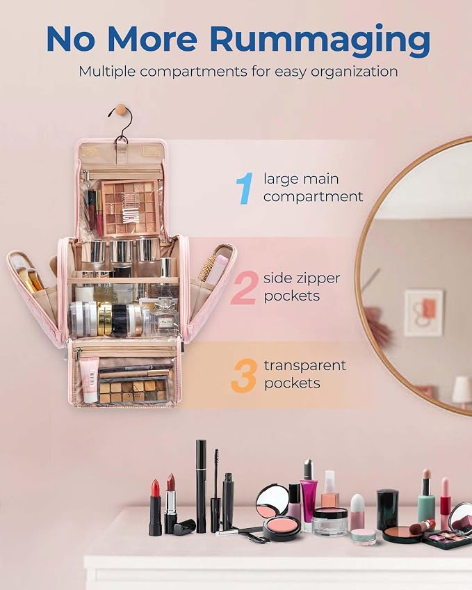BAGSMART Makeup Bag for Women with Hanging Hook, Large Portable Capacity Water-resistant Organizer Travel Case for Toiletries and Cosmetics, Pink - Image 2