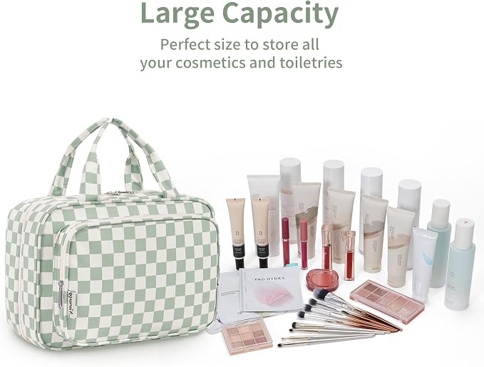 Narwey Travel Toiletry Bag for Women Large Capacity, Hanging Makeup Bag Organizer Toiletries Bag for Full Size Essentials, Accessories, Brushes, Cosmetics (Mint Green Checkerboard (Large)) - Image 6