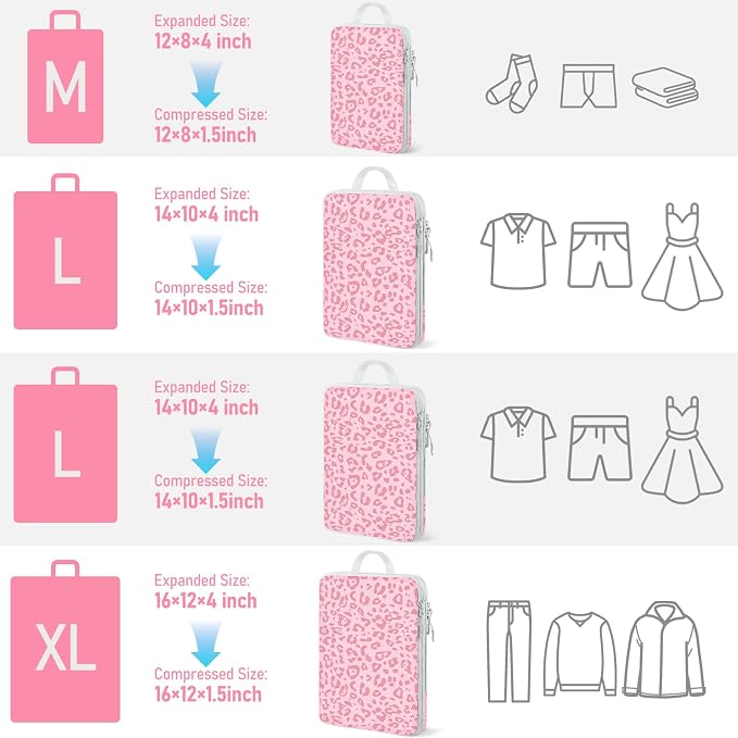 4 Set Compression Packing Cubes For Travel Bags Organizer For Luggage Suitcase Organizer, Compression Bags For Travel Accessories Luggage Storage Set (4 Pcs, Pink Leoparda) - Image 2