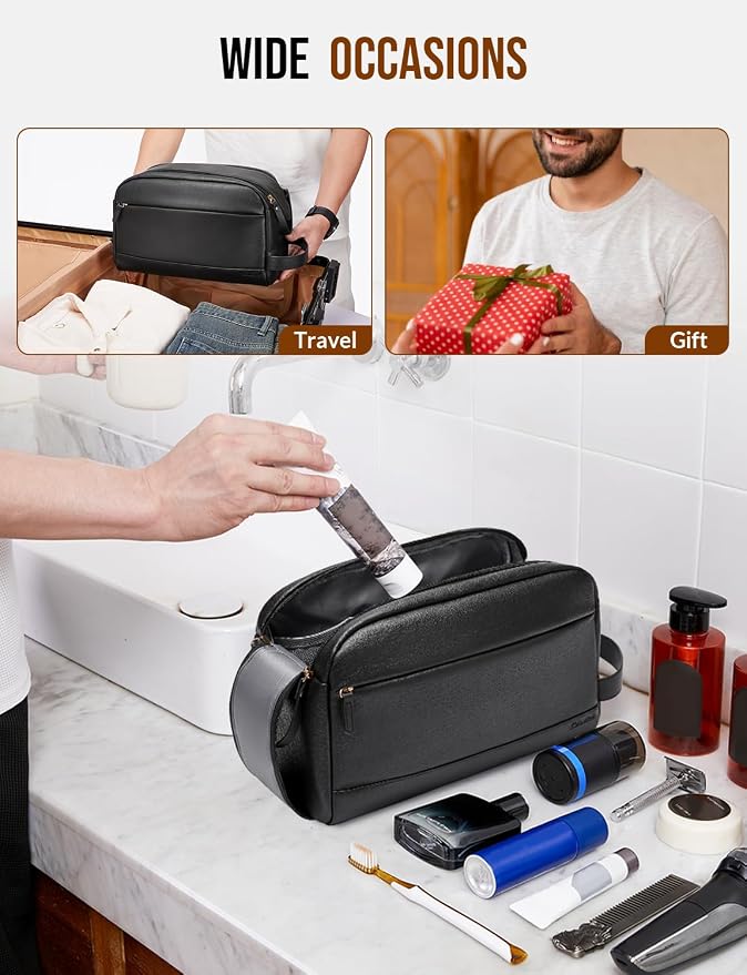 Large PU Leather Toiletry Bag for Men - Water Resistant Travel Bag for Toiletries, Bathroom Essentials, Accessories - Black - Image 6