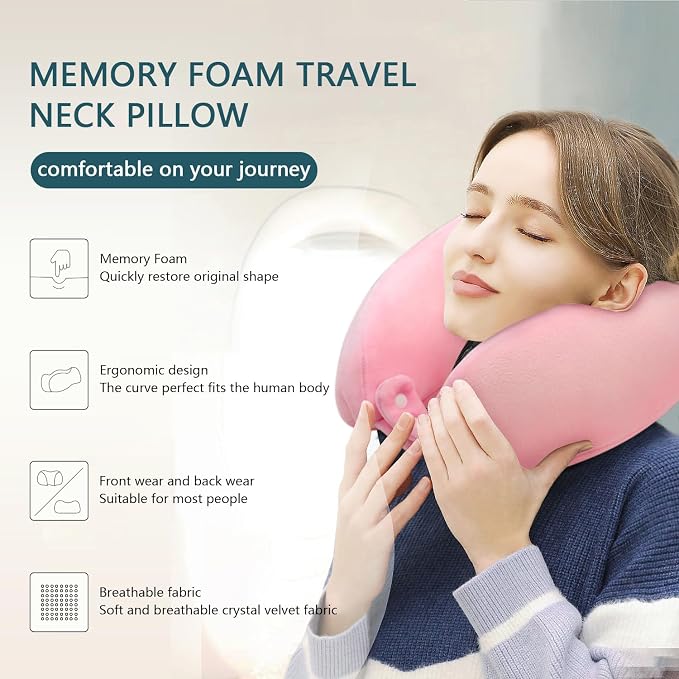 Travel Neck Pillow Airplane U-Shaped Memory Foam Pillows, Pink | Neck Support, Portable Soft Removable, Suitable For Adults Traveling Sleeping Train Car Office Rest - Image 4