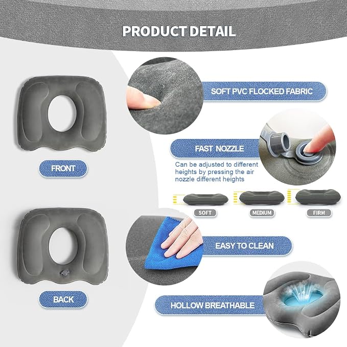 Donut Seat Cushion, Inflatable Sitting Cushion, Coccyx Cushion | Donut Pillow for Tailbone Pain, Portable Inflatable Seat Cushion Pressure Relief, Suitable for Car, Airplane, Travel, Grey - Image 6