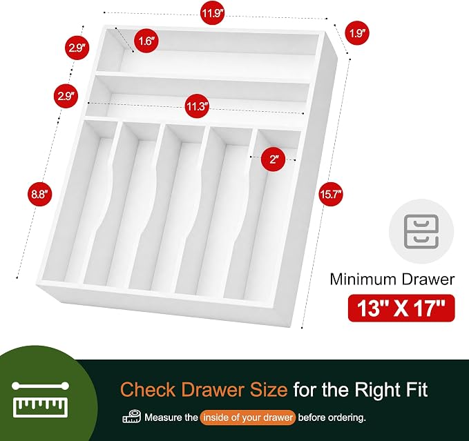 Kitchen Bamboo Silverware Organizer, Kitchen Drawer Organizer - Utensil Holder and Cutlery Tray with Grooved Drawer Dividers for Flatware 7 Slot, White - Image 2