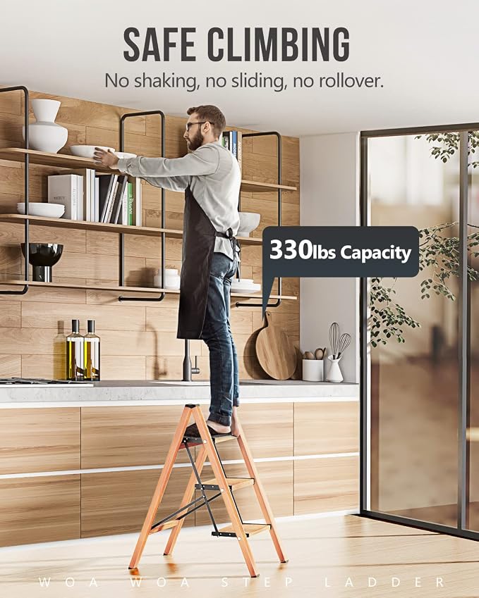 3 Step Ladder, Foldable Step Stool, 300lbs Load, Wood Grain | Folded 36''H x 3''T; Net 9 lbs; Rigid Aluminum Steps; No Assembly; For Home, Kitchen, Office, Pantry, Closets, Cabinets - Image 2