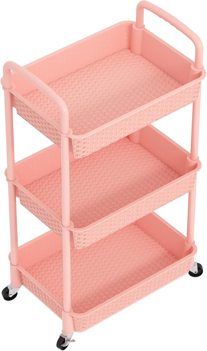 MOYIPIN 3-Tier Plastic Rolling Utility Cart with Handle,Utility,Pink | Utility Storage Cart for Office, Living Room, Kitchen,Movable Storage Organizer，Easy installation，Rattan-like art design - Image 9