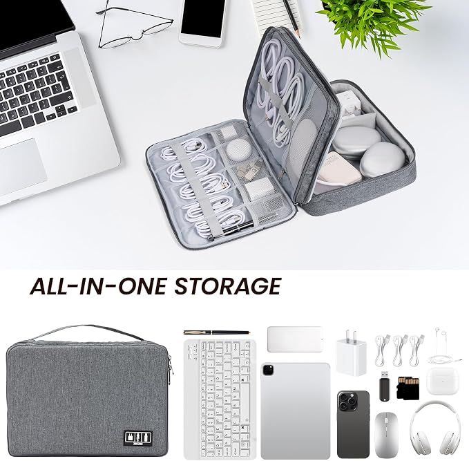 Electronic Organizer Travel Case, Double Layer Cable Organizer Bag | Double-layer design with adjustable dividers, mesh pockets and elastic loops for chargers, cables, power banks and gadgets - Image 6