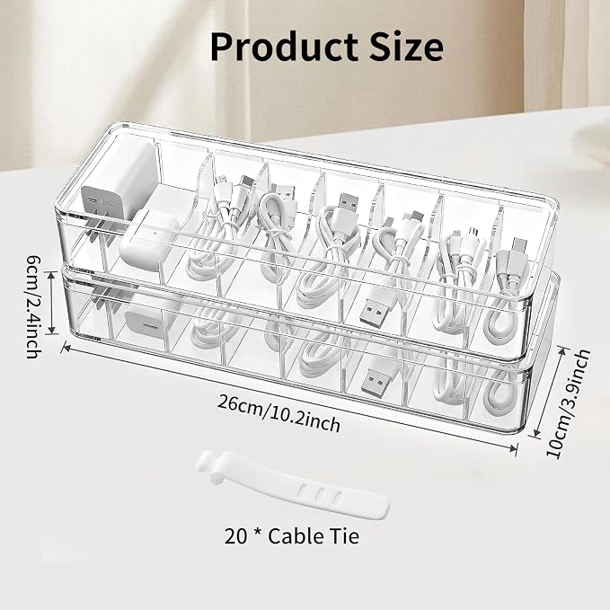 Cable Organizer Storage Box with Lid - Clear Phone Charger Cord Organizer Case - Cables Wire Management Box with Adjustable Compartments 10 Wire Ties for Drawer Desk Office Home Accessories(1 pack) - Image 5