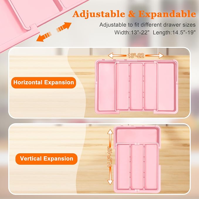 Large Utensil Drawer Organizer Expandable Silverware Organizer for Kitchen Drawer Adjustable Cooking Utensil Holder Cutlery Flatware Tray Spatula Tools Gadgets Storage Dividers Plastic Pink - Image 5