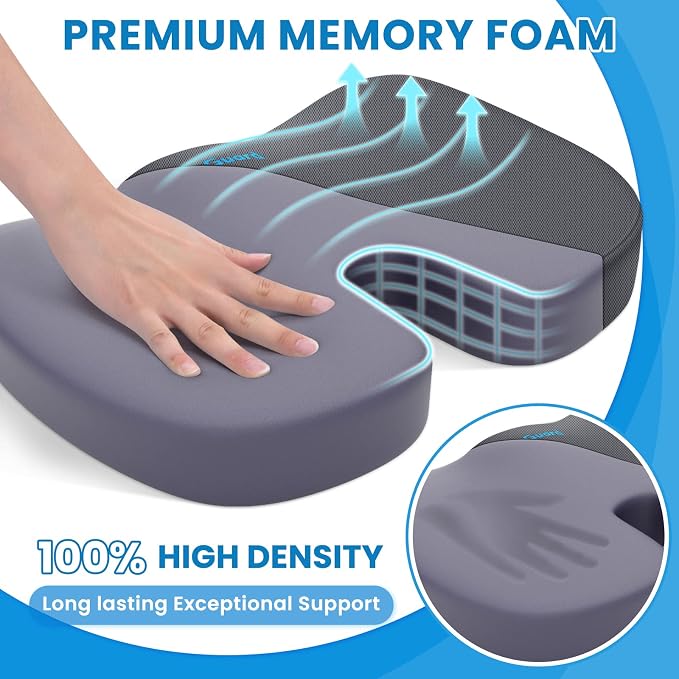 Seat Cushion for Office Chair, Memory Foam Chair Cushion, Gray | Office Chair Cushion for Car, Airplane - Chair Pad for Long Sitting Sciatica, Hip, Coccyx,Tailbone Pain Relief, Butt Pillow - Image 3