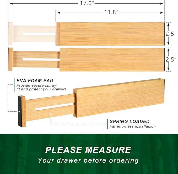 4 Pack Bamboo Drawer Dividers 2.6" High, Adjustable from 12 Inch to 17 Inch | Expandable Kitchen Drawer Organizer Separators for Clothes, Kitchen, Bedroom, Dresser, Office (Beige) - Image 6