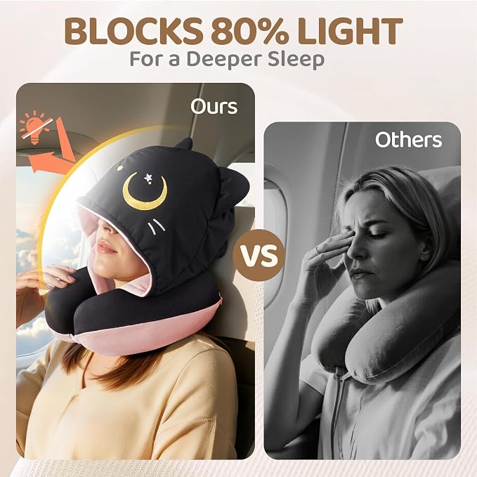 Mewaii Travel Neck Pillow, Airplane Pillow with Hood, Memory Foam, Pink | Neck Support, Reversible, Adjustable Strap, Washable Cover, Cat-Ear Hood, Storage Bag, for Flights, Adults & Teens - Image 3