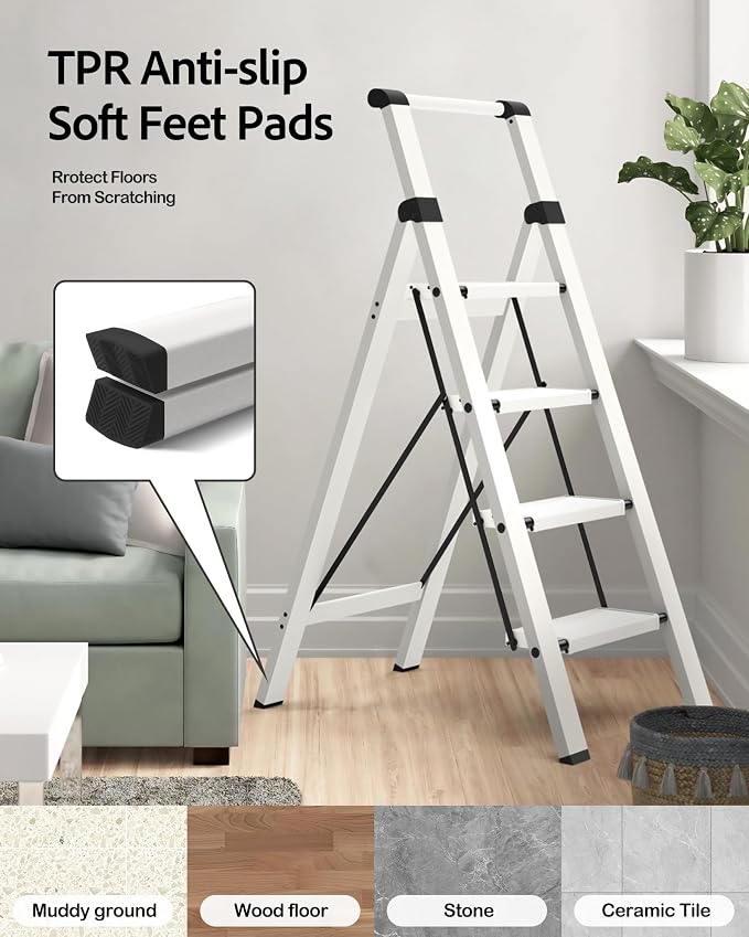 Taranta 4 Step Ladder,Lightweight Aluminum Step Stool Foldable -White | Lightweight Folding Ladder with Handgrip,Wide Top Pedal,330lbs Capacity Stepladder for Home,Office,Kitchen - Image 5