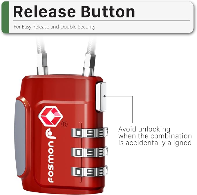 Fosmon TSA Approved Cable Luggage Locks, 3 Digit Combination, 2 Pack Red | Push Release Button, Re-settable Combo, Durable Alloy Body, Suitcase Travel Lock, Travel Bag Cable Padlock - Image 7