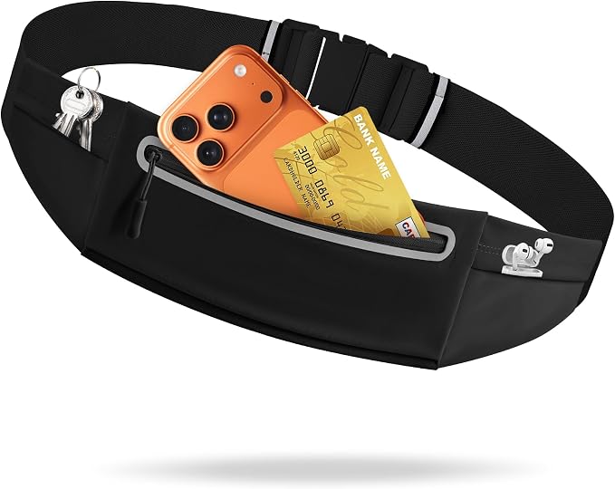 Slim Running Belt for Women Men,Phone Holder Waist Pack,Runners Fanny Pack | No-Bounce,Sweat-Proof Pocket,Travel Money Pouch for Gym/Hiking/Cycling,Three pocket,Two Highly Reflective Strips by Unknown