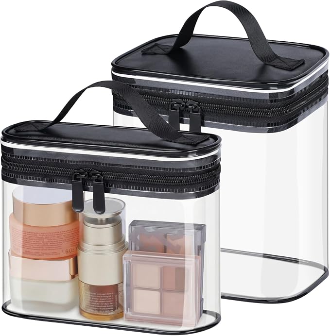 Clear Makeup Bag for Travel - TSA Approved Toiletry Bag, 2 Black | 1 Medium Quart Carry-On & 1 Large Checked-Luggage, Top Handle, Double Metal Zippers, 180° Opening, Clear Easy-Check, Women by Packism